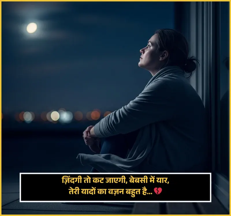 A deep emotional cinematic scene, a person standing alone on an empty road or near a window at night, looking at distant city lights with sad thoughtful expression, soft blue and warm dim lighting contrast, symbolic representation of trust and betrayal in life, blurred people walking together in distance, gentle wind moving clothes slightly, shallow depth of field, ultra realistic, 4K quality, DSLR photography style, natural skin texture, soft cinematic lighting, emotional life reality and introspective mood. Sad Shayari on Life